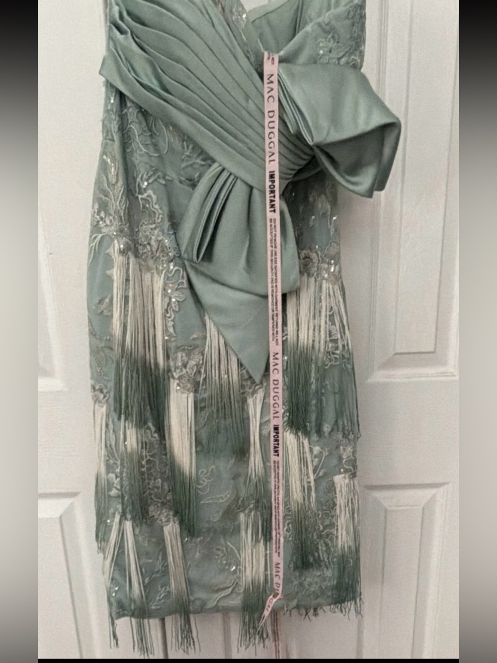 Mac Duggal Strapless Mint Green Bow-Detail Fringe Sheath Dress - Picture 7 of 11